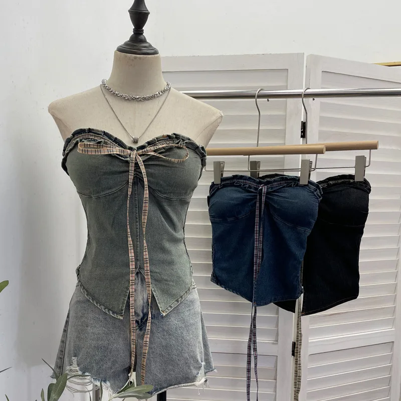 Women's Casual Denim Tube Top Sexy Backless Vest Color-Block Lace-Up Ruffle Trim with Padded Bust Bow Knot Sleeveless Blouse2866