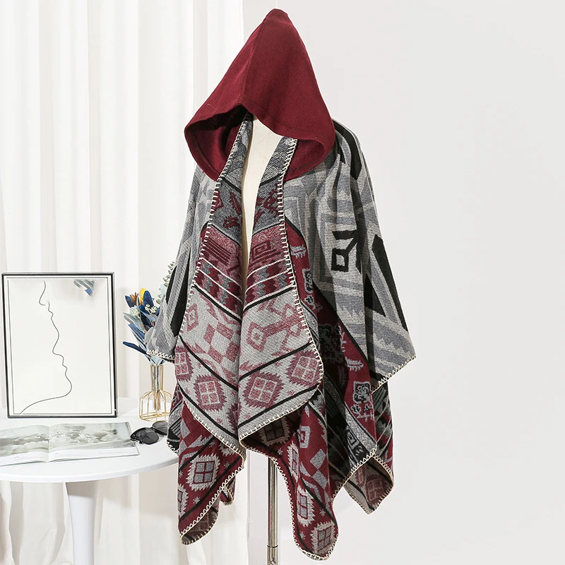Fashion Vintage Bohemian Style Big Poncho Hood Unisex Autumn Winter Acrylic Cashmere Coat Cape Summer Travel Camping Cloak
