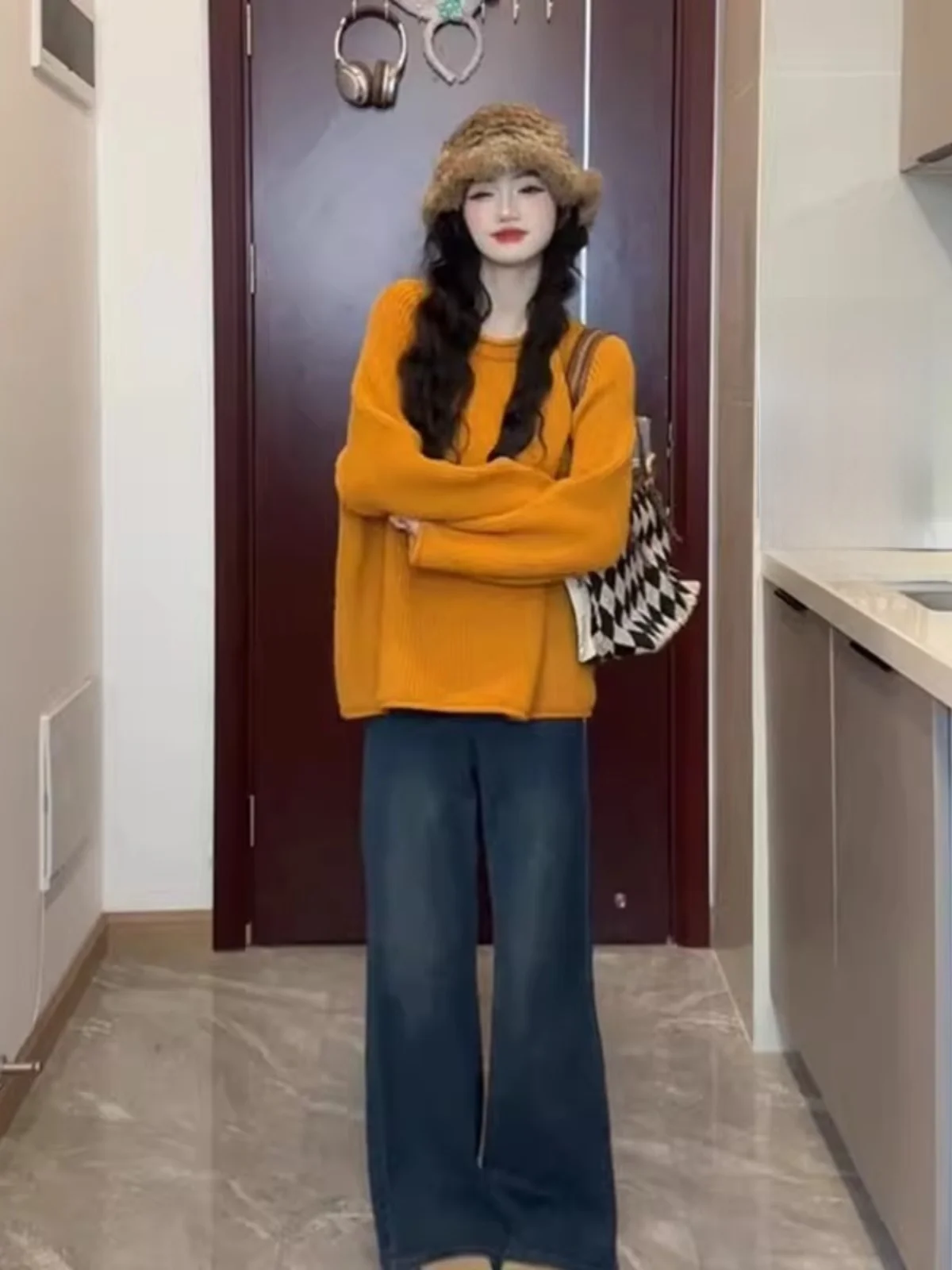 Orange runder Ne Pullover Pullover Damen Herbst Winter Korean Sle Lazy Faion Strickoberteil Warm Lang Sve Casual irt