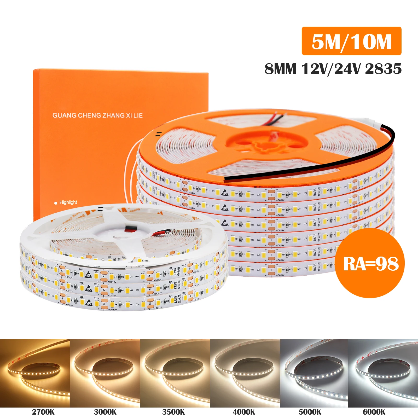 

RA98 LED Strip 5m 10m 2835 120LEDs/m 2700K 3000K 3500K 4000K 5000K 6000K IP20 LED Ribbon Tape Light DC12V 24V For Home Lighting