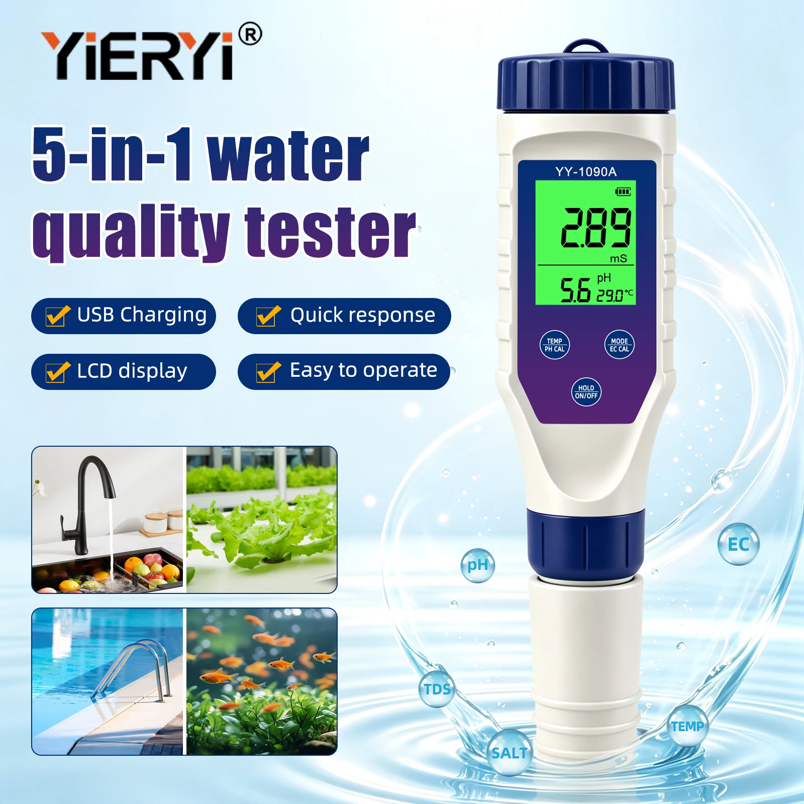 Yieryi 5‑in‑1 Rechargeable Water Quality Tester PH TDS EC Salinity Temp Green‑Screen Analysis Detector For Aquarium Hydroponics