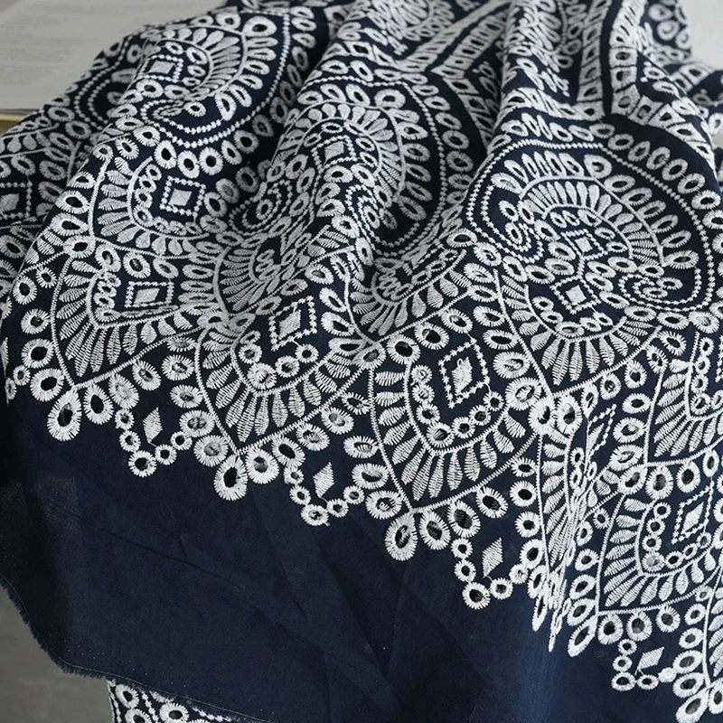 Embroidery Cotton Fabric 145CM Wide 260G/M White Embroideried Dark Blue Fabric for Summer Thin Clothes Home Decoration  R540