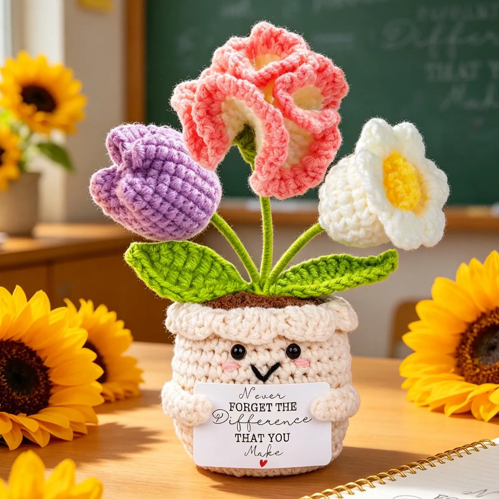 

Crochet Flowers Teacher Appreciation Desk Decor With Card Crochet Plant For Women Men Girls Boys Students Coworkers Teachers