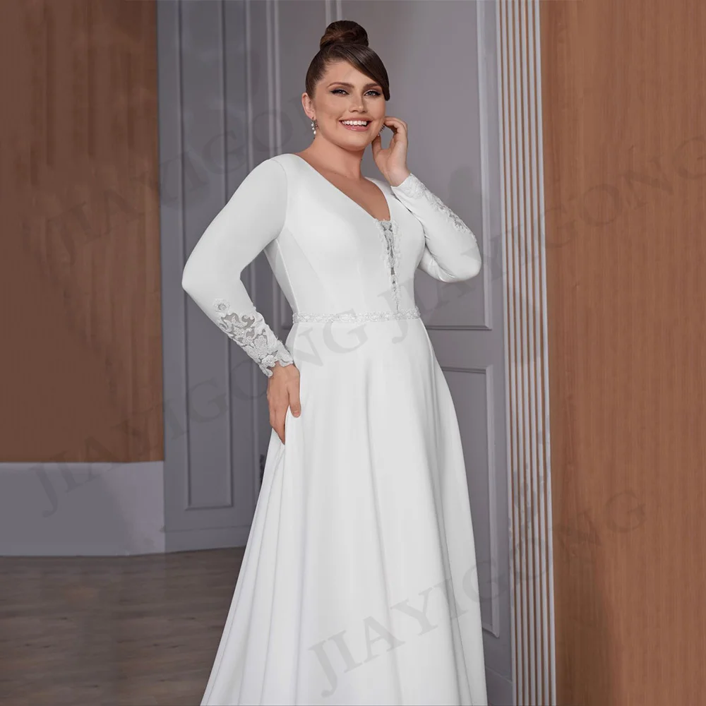 Fashion Wedding Dress Jiayigong V Neck Sequin Applique Long Sleeves Sweep Train A Line Jersey Stretch Modern Bridal Gown Custom