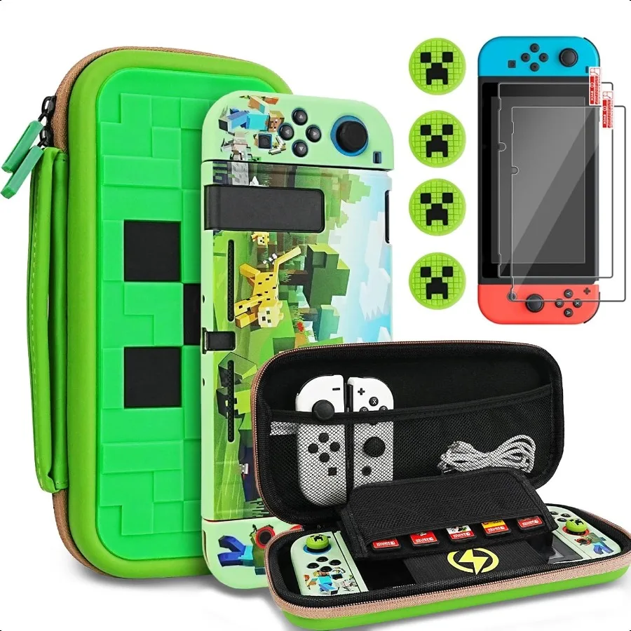 

Carrying Case Accories for SwitchPortable Travel Case with Soft Protective Cover Screen Protectors and Thumb Grip caps Green