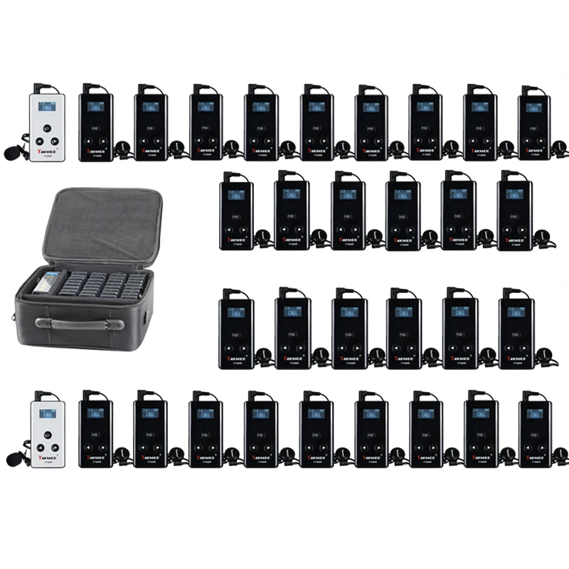 YARMEE Audio Guide Wireless Whisper Tour Guide System Voice Transmission 2 Transmitters +30 Receivers With Carrying Bag Earphone