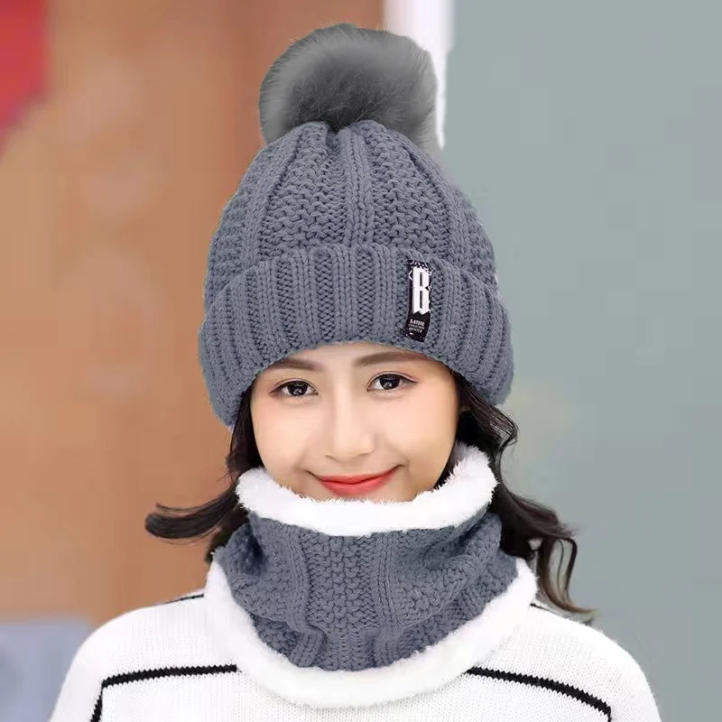 Neck Hat Set Warm Winter Knitted Hat Women Brand High Quality Winter Women Ball Ski Wool Fur Hats Pompoms Hats Knitted Scarf