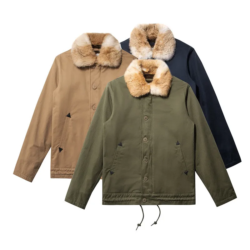 Winter American Retro Military Style Navy N-1 Deck Jacket Men's Thickened Rabbit Hair with Large Fur Collar Cotton-padded Coat