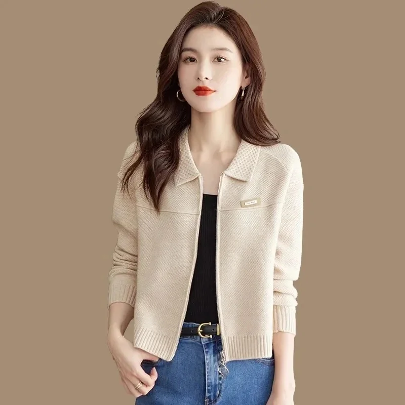 Spring Autumn New Lapel Collar Zipper Women Knitted Cardigan Sweater Jacket Fashion Short  Leisure Versatile Female Sweater