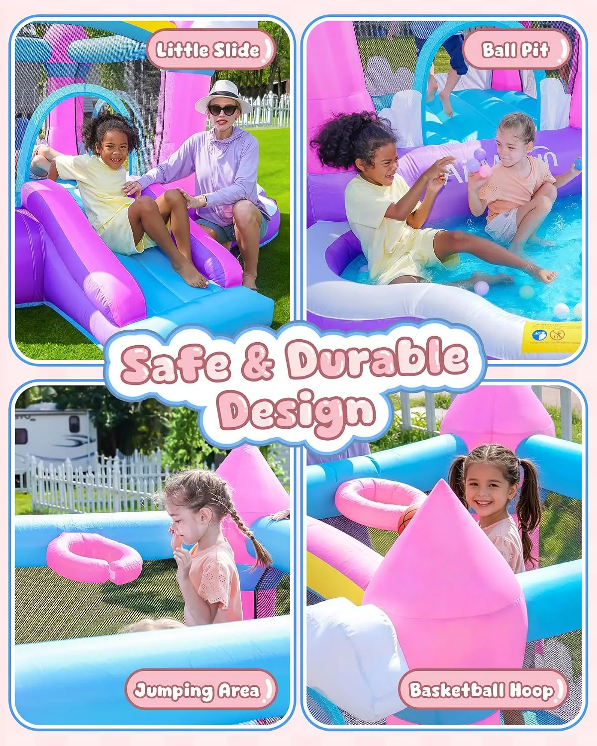 Pink Indoor/Outdoor Inflatable Bounce House for Kids 3-8 - Bouncy Castle with Slide, Blower, Water Pool & Ball Pit view 4