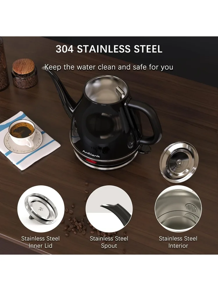 Bollitore elettrico a collo di cigno, bollitura rapida da 1 litro 1500 W, bollitore per caffè e tè senza BPA in acciaio inossidabile al 100%, bollitore per acqua