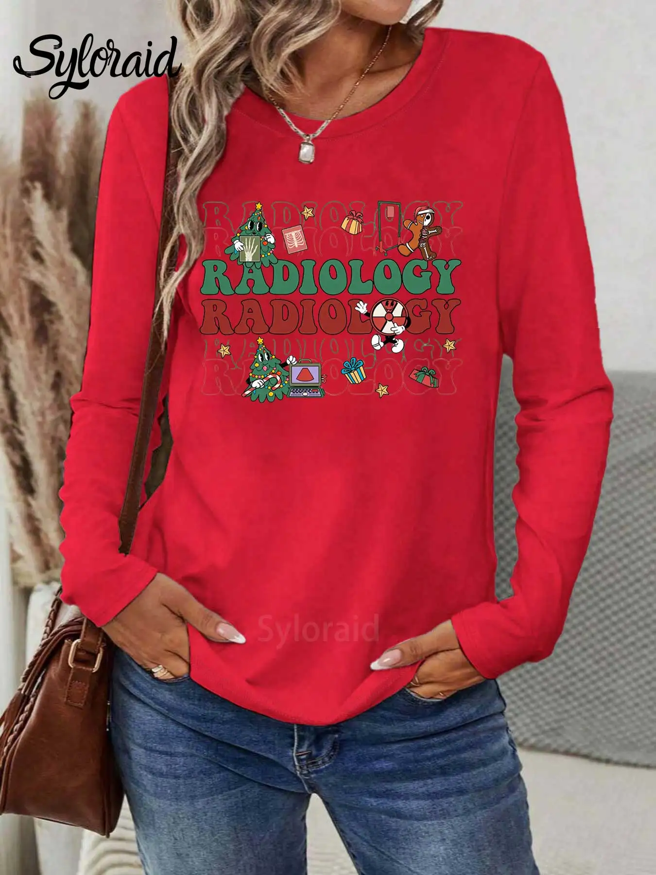 レディース長袖Tシャツ 放射線科 クリスマス X線技術者プリントTシャツ ファッション ラウンドネック カジュアルトップ