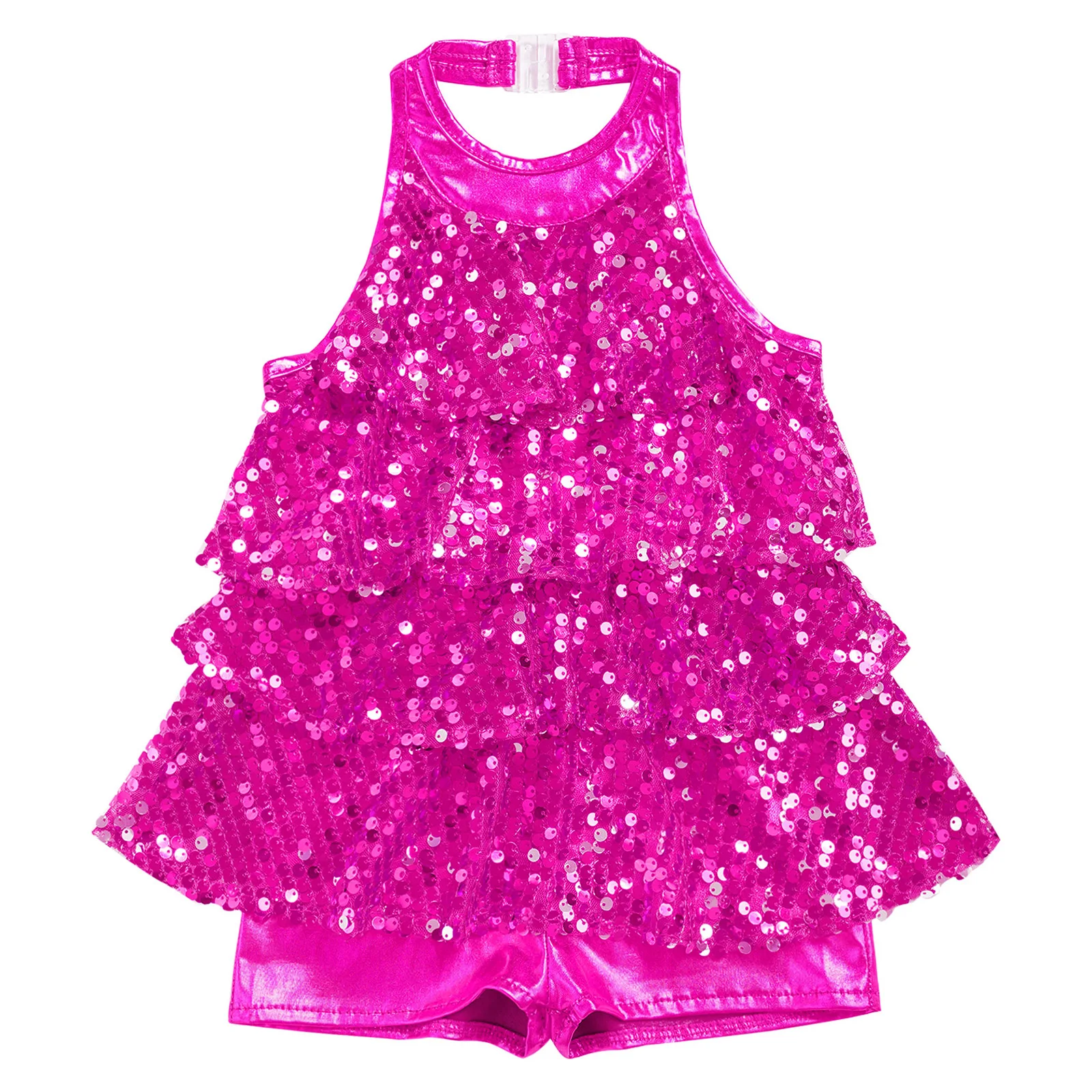 Children Girls Tiered Sequins Glittery Sparkle Jazz Dance Leotard Dress Ballet Dance Shorty Unitard Dress Performance Costume