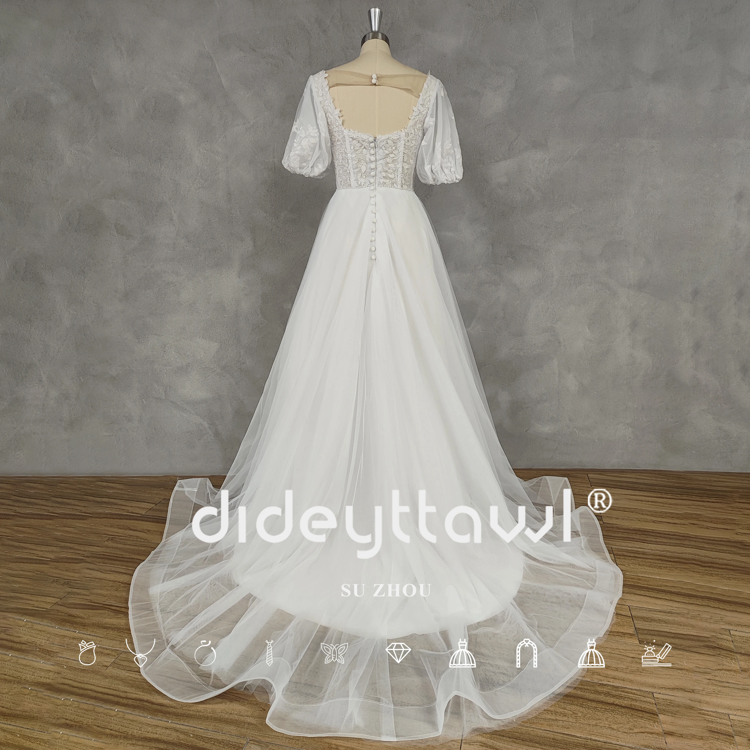 DIDEYTTAWL Real Picture Princess Square-Neck Puff Sleeves Appliques Tulle A-Line Wedding Dress Backless Sweep Train Bridal Gown