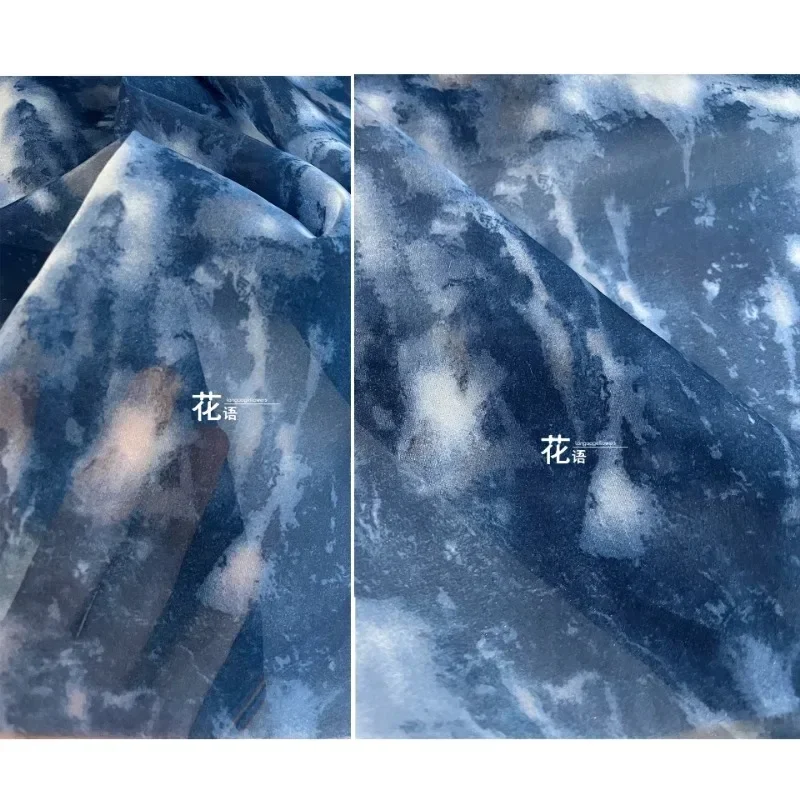 

Sea Blue White Tie Dye Jacquard Fabric Creative Shirt Dress Chinese Style Retro Fashion Apparel Diy Sewing Cloth Material