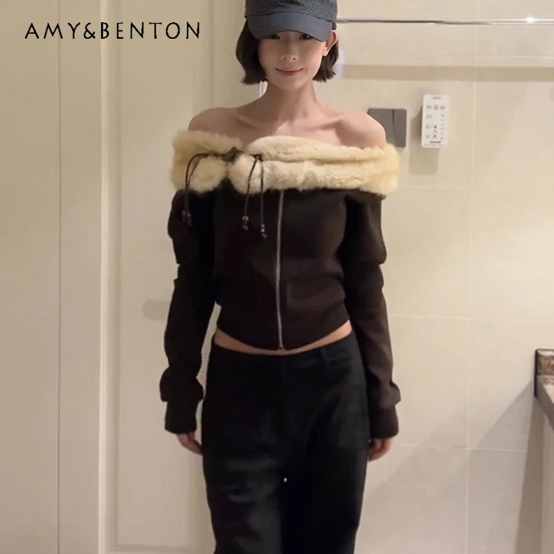 

Korean Retro Design Women's Sweatshirt 2025 Autumn Winter New Plush Splicing Off-Shoulder Lace-up Long Sleeve Short Tops Ladies
