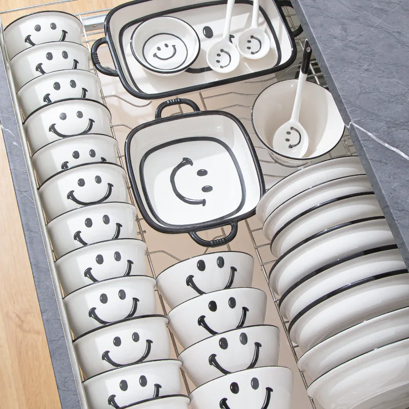 1Set Smile Ceramic Tableware Set Bowl Spoon Dish Set Porcelain Breakfast Dessert Plates Dishes Noodle Bowl Coffee Cup Home Decor view 4