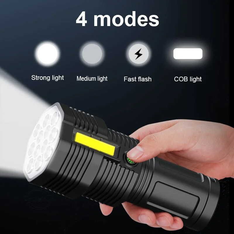 Bright 12 LED Flashlight with COB Side Light USB Charging Emergency Toch Smart Electric Display 18650 Battery Lamp Work Light