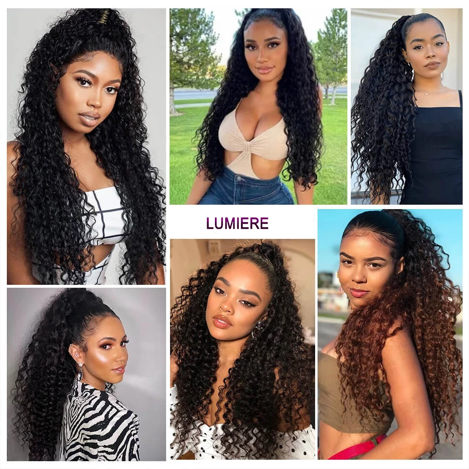 Afro Kinky Deep Water Curly Wave Ponytail Virgin Raw Human Hair Extension Wrap Around Clip In Ponytail Natural Color For Women