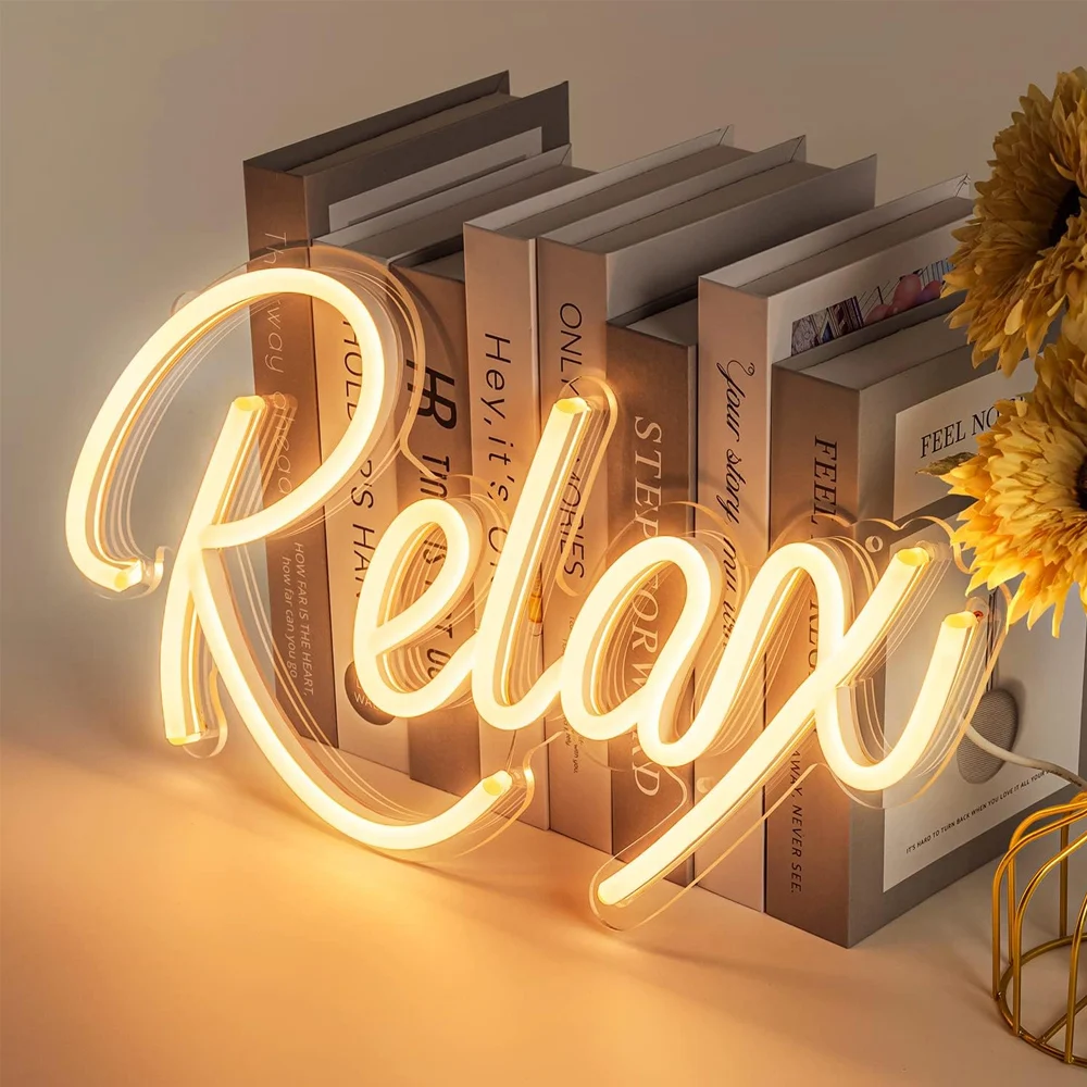 Relax Neon Signs, LED Neon Sign Relax USB Neon Light up Sign Clear Acrylic 3D Art Decor for Bedroom Wall Decor Dimmable Warm