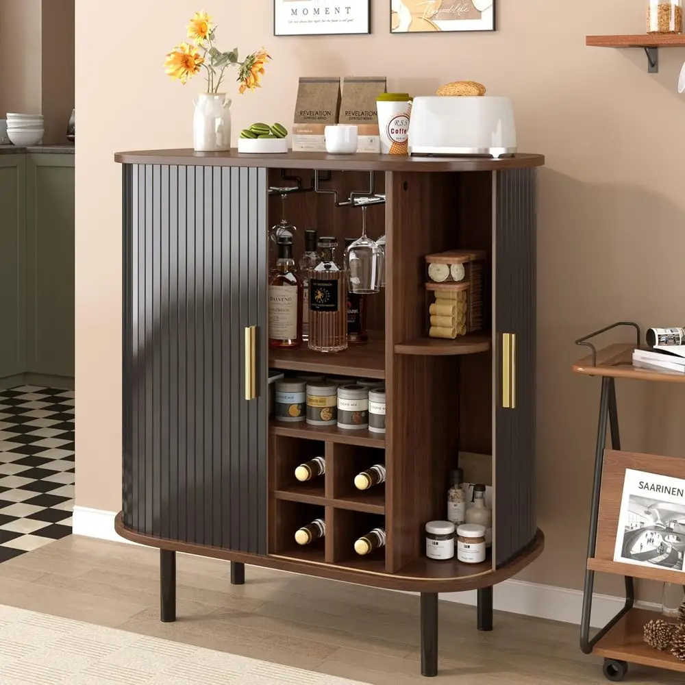 

28 Long Coffee Bar Cabinet with 8-Grid Wine Rack, 2 Glass Holders & Adjustable Shelves