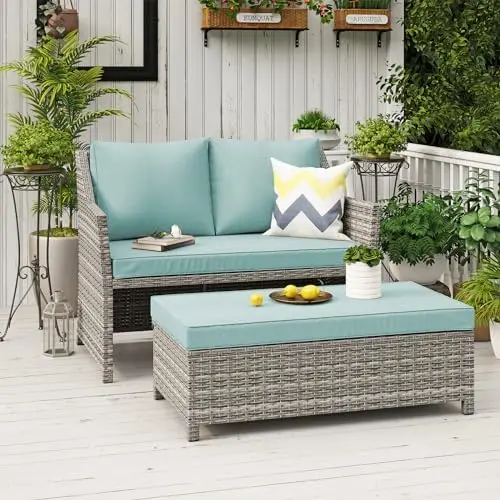 2-Piece Outdoor Patio Furniture Wicker Love-seat and Coffee Table Set, with Built-in Storage Bin, Grey Rattan, Green