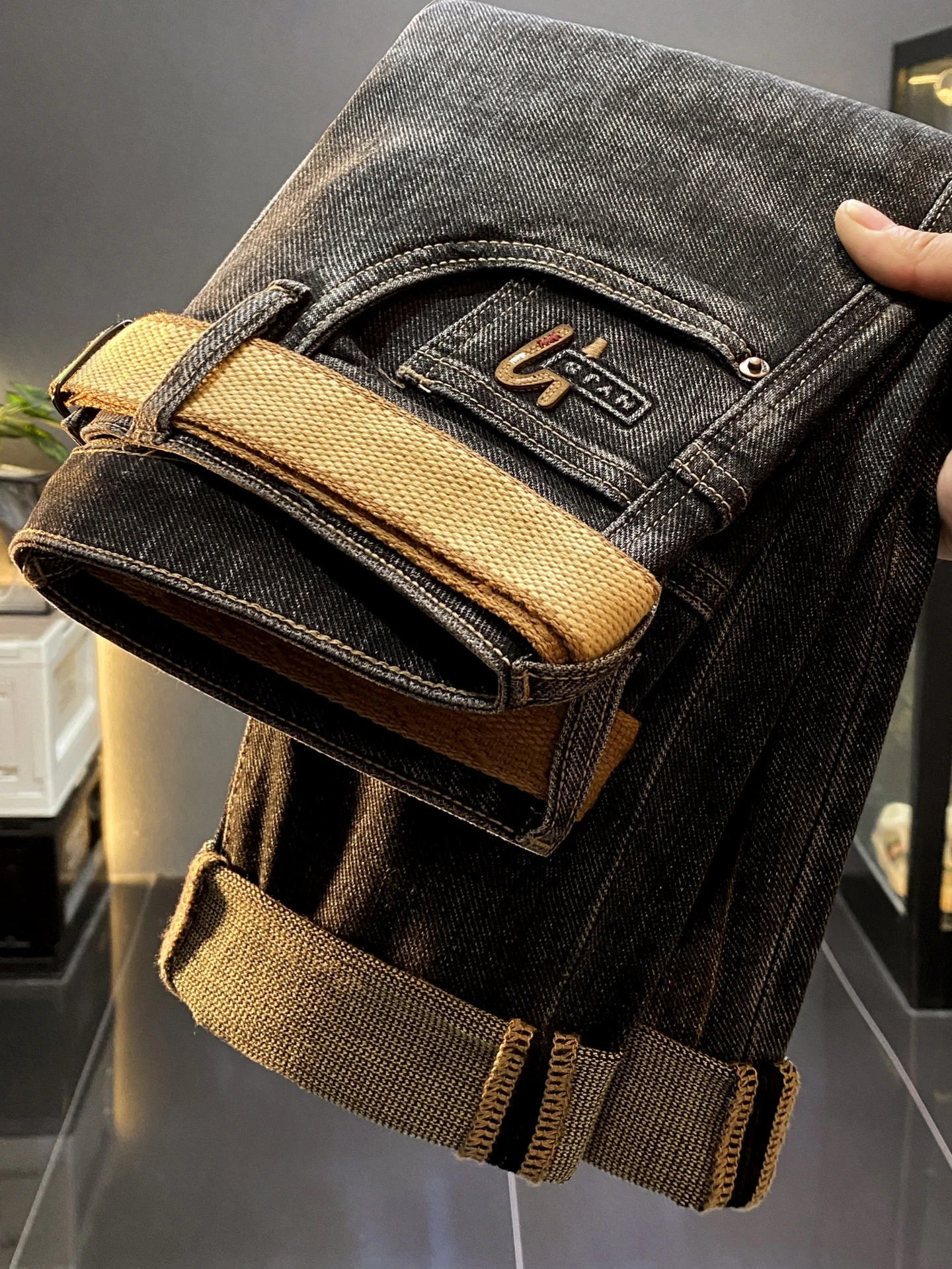 

American Sle Casual Slim Fit Jeans Men's Belted Denim Pants Autumn New Faion Retro Brand Leisure Trousers