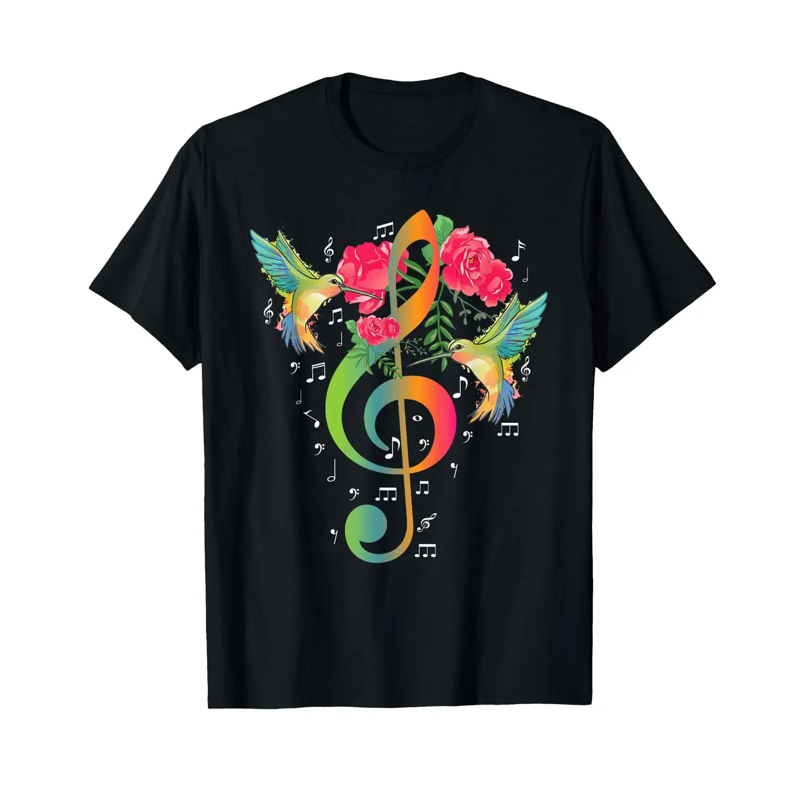 Musical Clef Colourful Roses Hummingbird Music Notes Singer Musician T Shirt vintage Washed fashion designer clothes Unisex