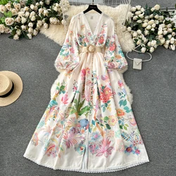 Vintage Elegant lace mesh v neck Single Breasted Flare Sleeve loose Dress Women Fashion summer Spring dresses