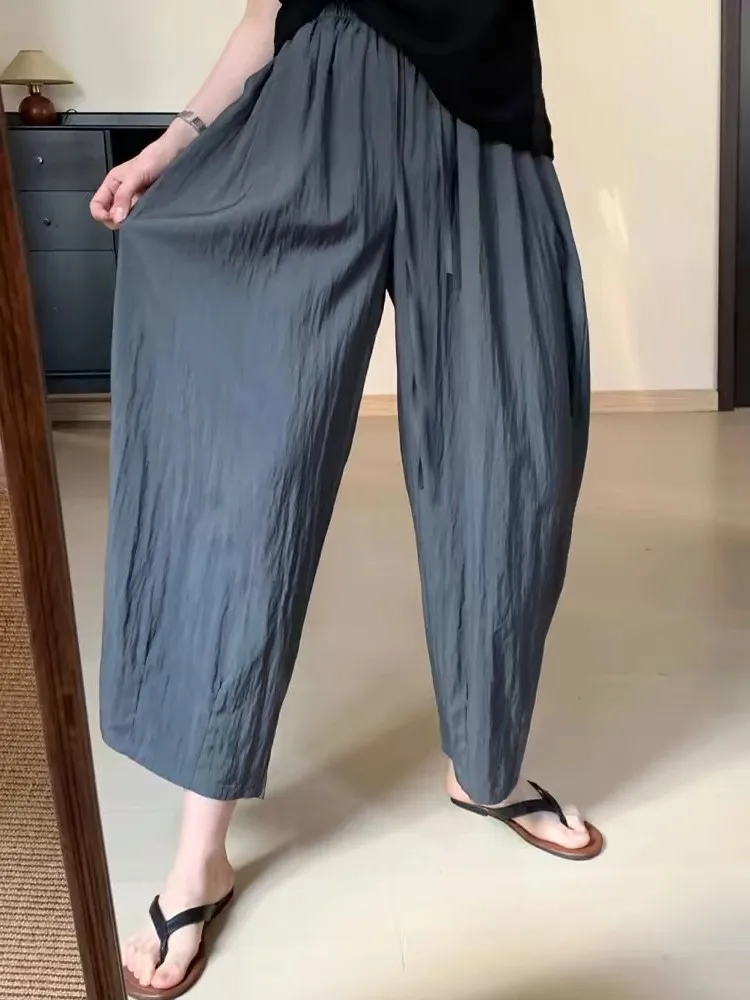 

ay Texture Ice Silk Wide Leg Pants Women's Summer Thin Hanging Sense Casual Nine Points Pants Loose High Waist Other Material