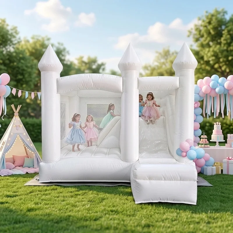 White Inflatable Bouncy Castle With Slide, Wedding Inflatable Jumper Bounce House for Kids Adult Party Event