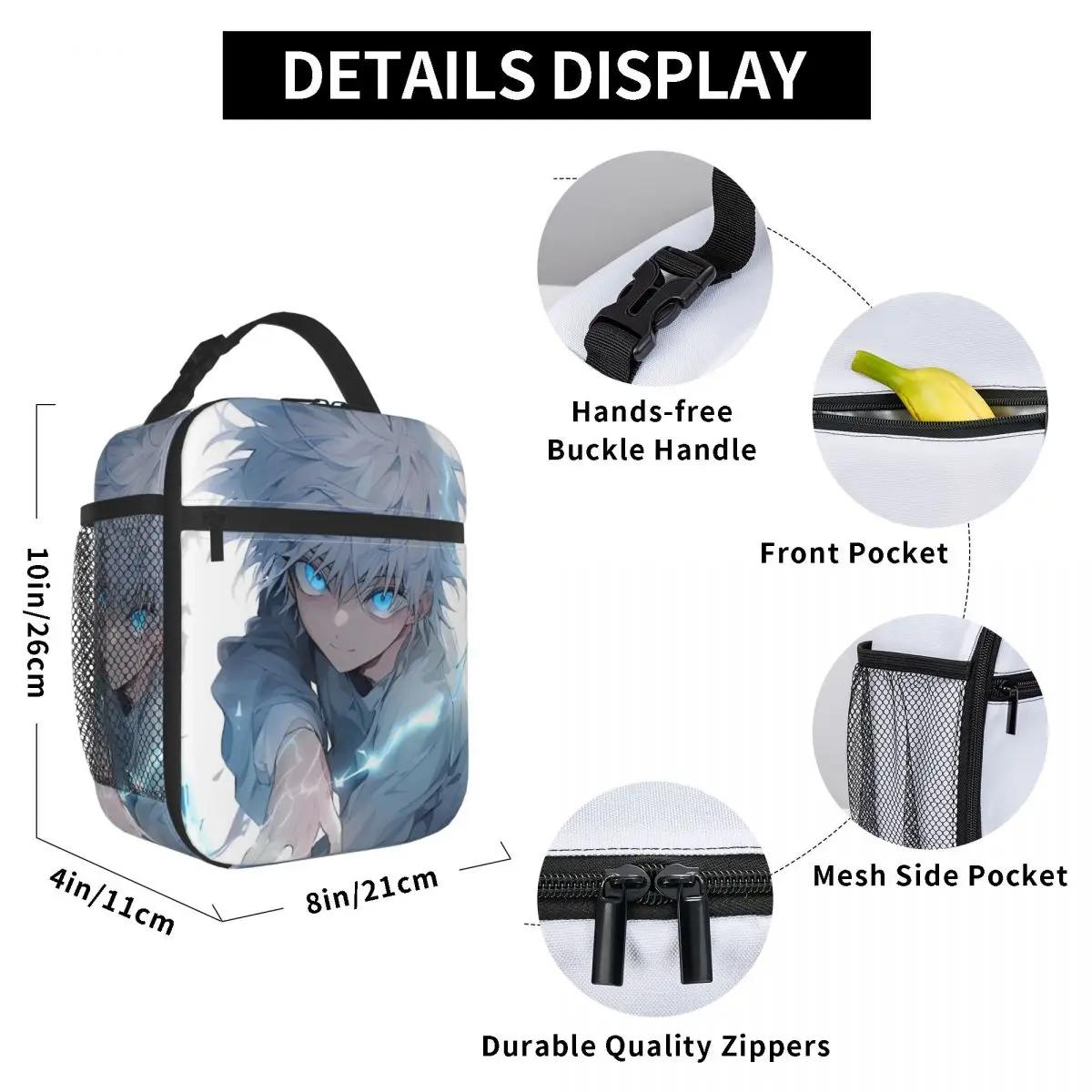 Killua Insulated Lunch Bags High Capacity Hunter X Hunter Meal Container Thermal Bag Tote Lunch Box College Travel Men Women