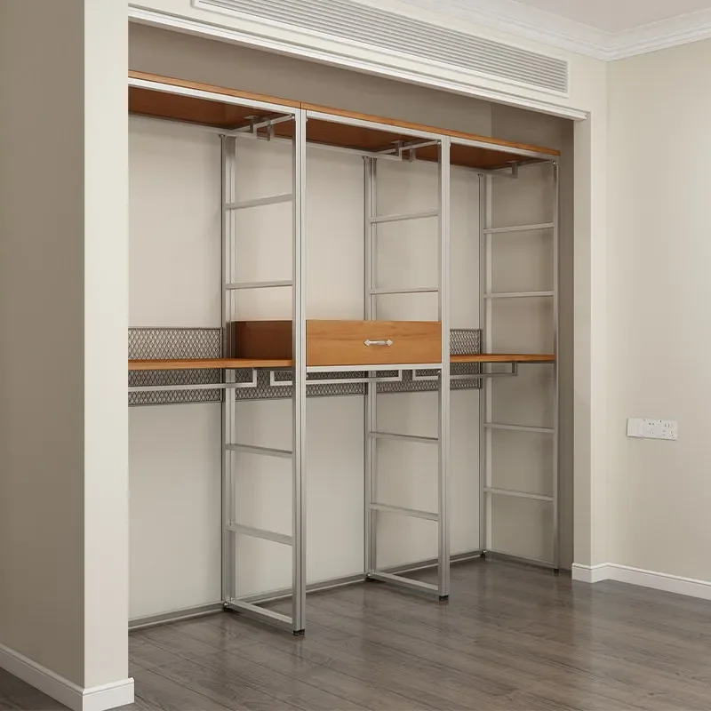 Wardrobe Home Bedroom Solid Wood Metal Cloakroom Floor-to-ceiling Wrought Iron Clothes Hanging Steel Frame Open Walk-in Coat Rac