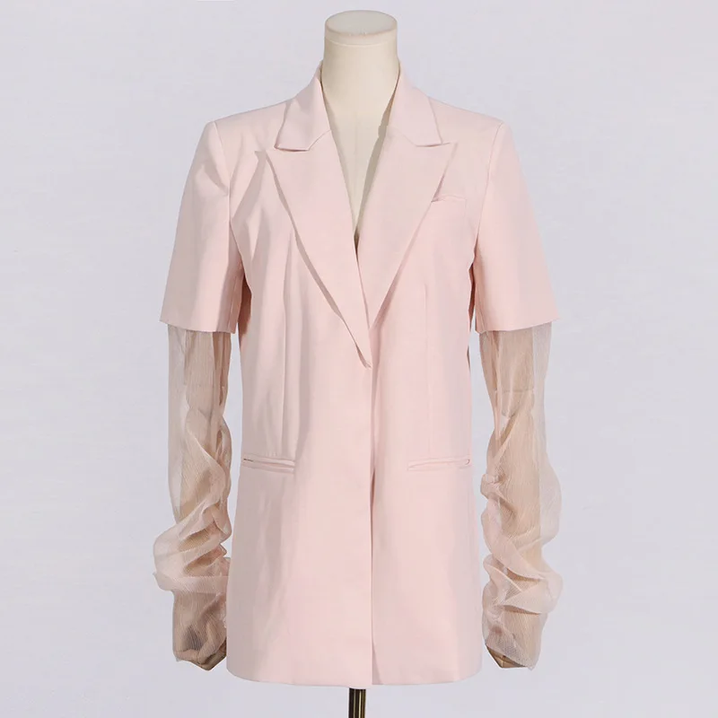 Fato de emenda de algodão feminino malha decote v, blazer de manga completa, jaqueta casual formal de escritório, casaco de baile rosa, primavera, 1 pc