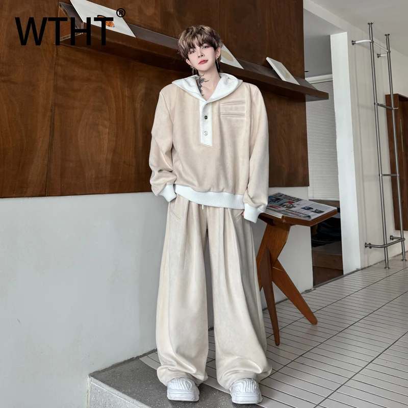 

WTHT Fashion Men‘s Suit Spliced Contrast Color Button Hoodie Casual Elastic High Waist Wide Leg Pant Set Male 2025 Autumn 2A1714