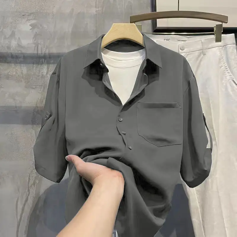 Men's Solid Pockets Patchwork Simplicity Fashion Blouse Summer New Short Sleeve Loose Korean Shirt Tops Casual Trend Men Clothes