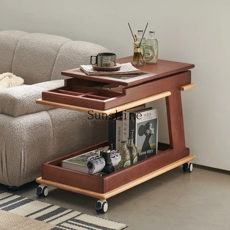 

Medieval style solid wood trolley sofa rotating table movable lifting side cabinet tea table simple bedside
