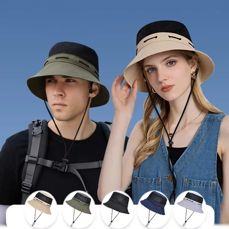 Atmungsaktiver Bucket Hat mit Mesh-Einsatz, Unisex UPF50+ Breiter Krempe Winddichter Kinnriemen Outdoor Anglerhut Sonnenschutzkappe
