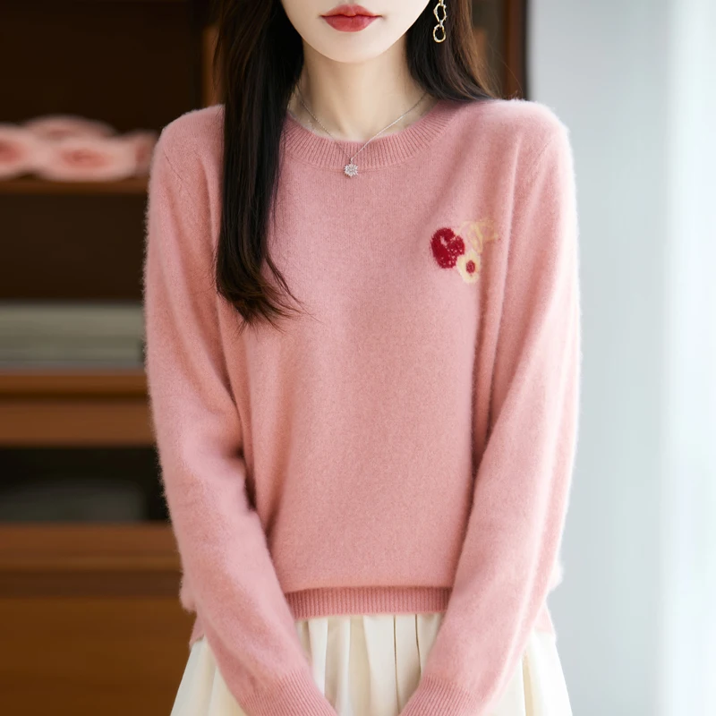 2025 Otoño/Invierno nuevo 100% suéter de lana pura con cuello redondo jersey de Jacquard bordado de punto para mujer Top suelto superventas para mujer