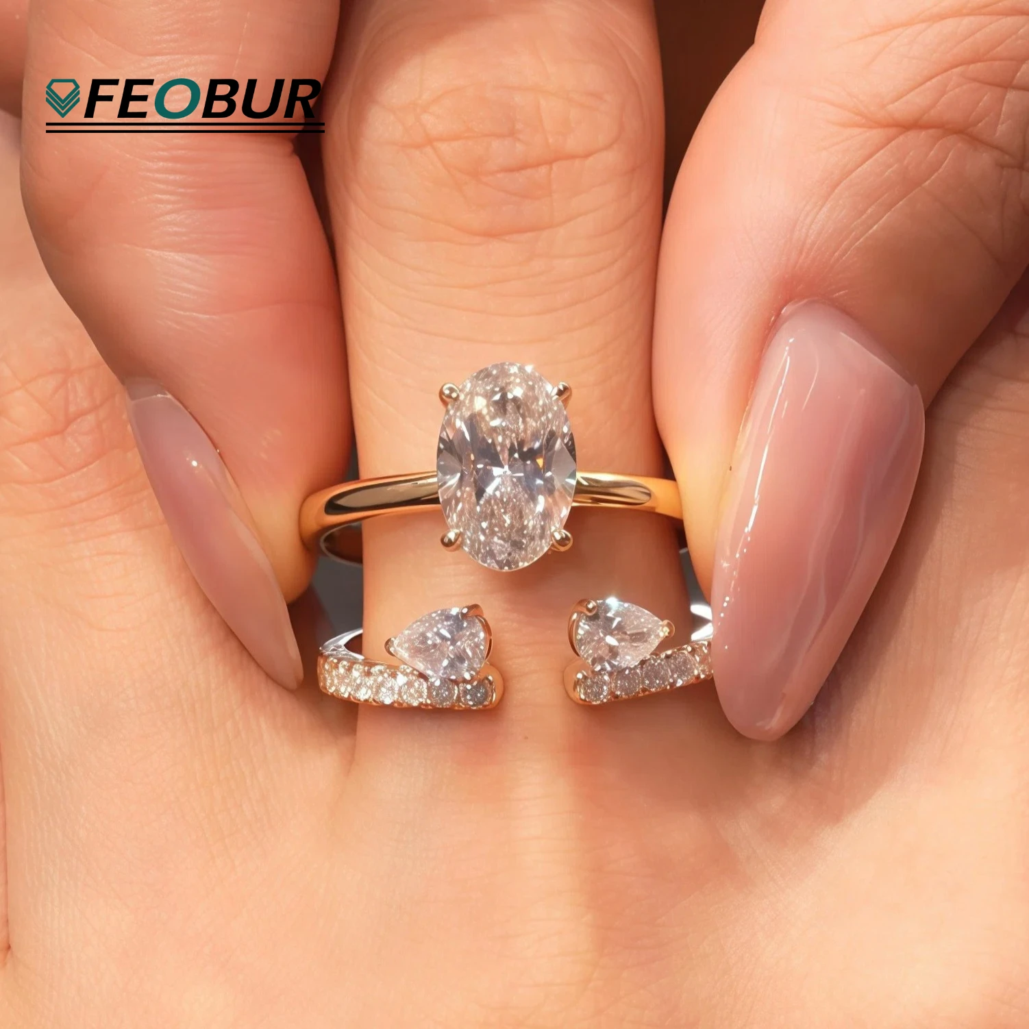 

FEOBUR 2ct Oval Moissanite Ring Set with Side Pear Diamond Stackable Rings for Women Wedding Band Jewelry 925 Sterling Silver