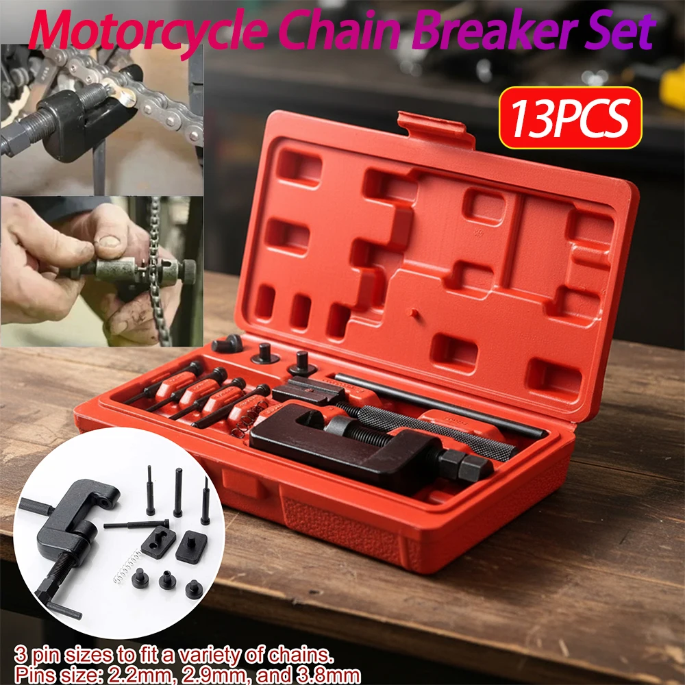 

13PCS Motorcycle Chain Breaker Set Chain Cutter and Riveter Kit Motorcycle Chain Rivet Tool for Cam and 35 To 630 Chains