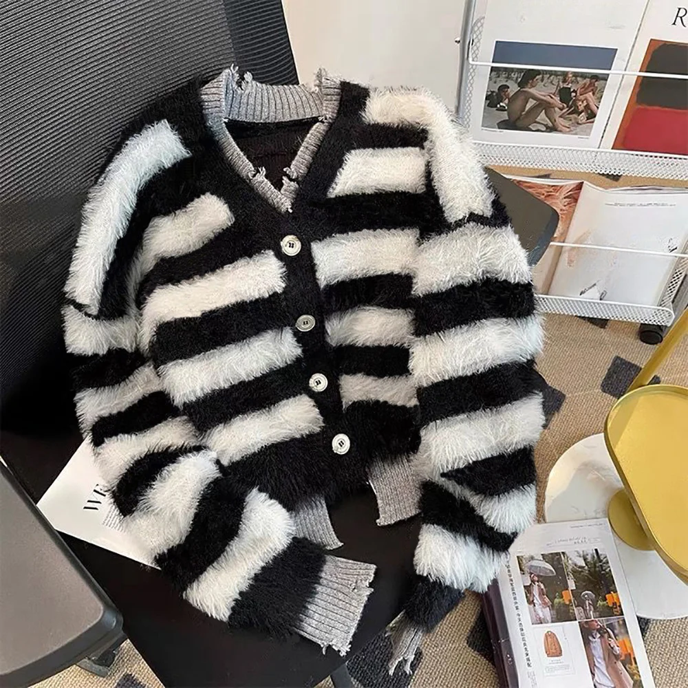 

Cardigans Sweater Top Imitate Mink Wool Striped Long Sleeve Knit Korean Elegant Sweet Jacket Casual Oversize Women Clothes New
