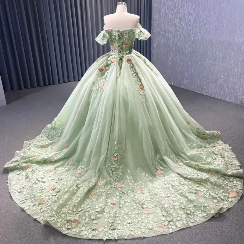 ANGELSBRIDEP Shiny Sage Green 3D Flower Quinceanera abiti Princess Vestidos De 15 Anos compleanno cenerentola 16 festa di compleanno