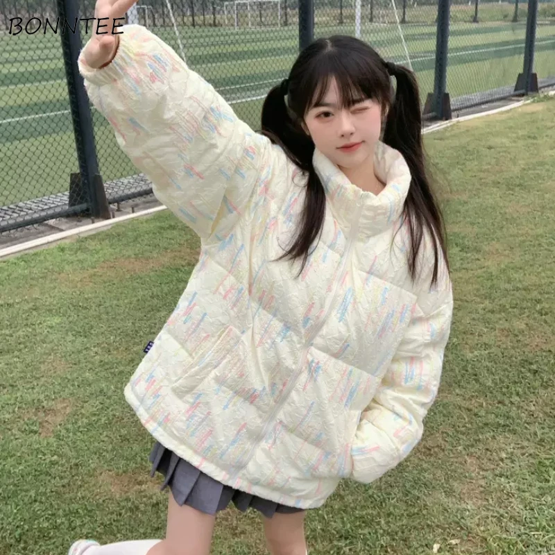 

Parkas Women Cold-proof Ins Korean Fashion Stand-collar Warm All-match Students Sweet Rainbow Daily Winter Harajuku Gentle Coats