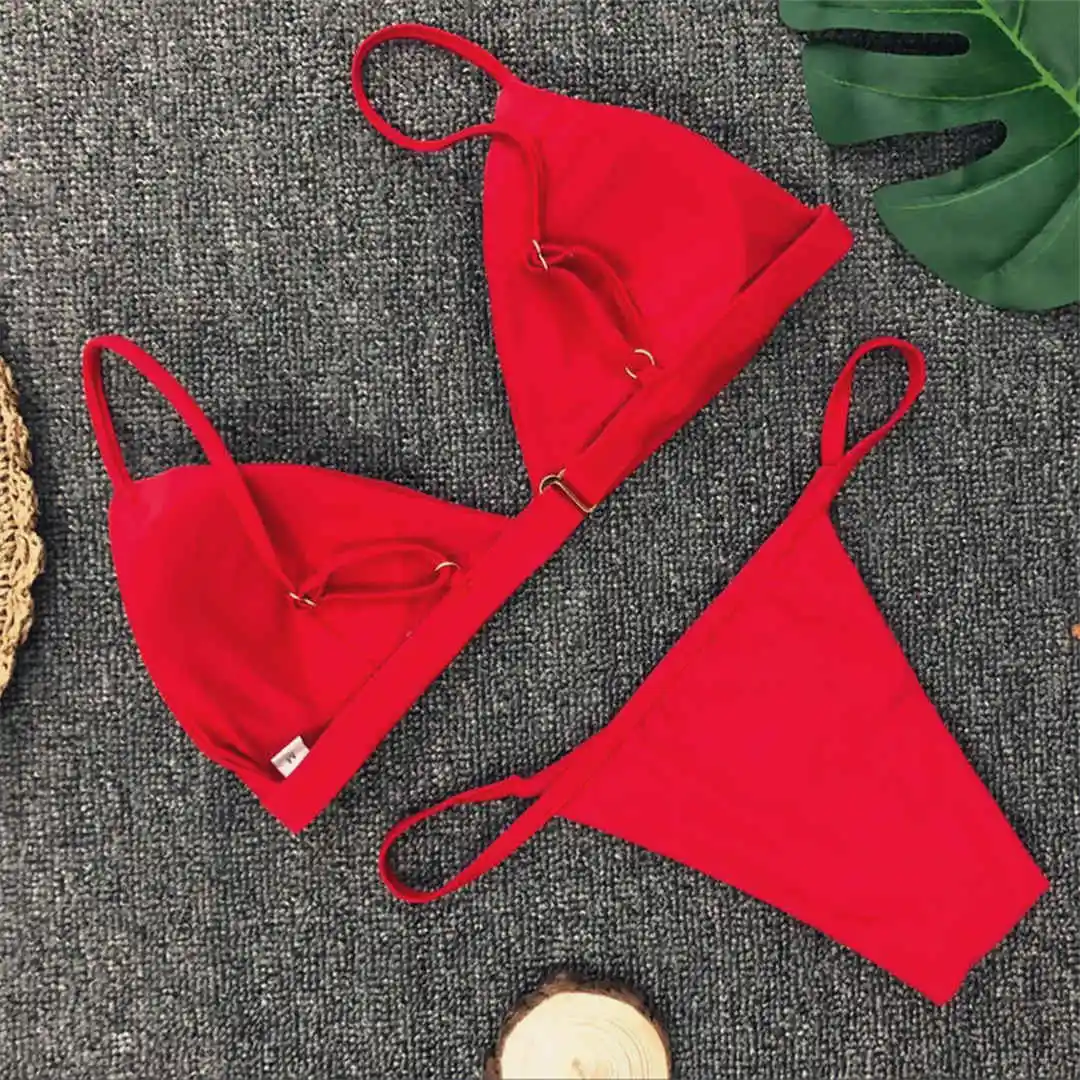 Neuer, verführerischer, gepolsterter brasilianischer Bikini, Damen-Badeanzug, zweiteiliges Bikini-Set, einfarbiger Badeanzug, Damen-Badebekleidung, V64A. – Detail 34