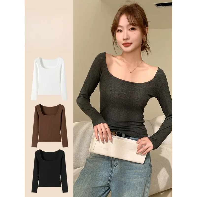 Women's Ribbed Scoop Neck Long Sleeve Camisole Top Lightweight Fitted Spring T-Shirt Softly Warm Simple