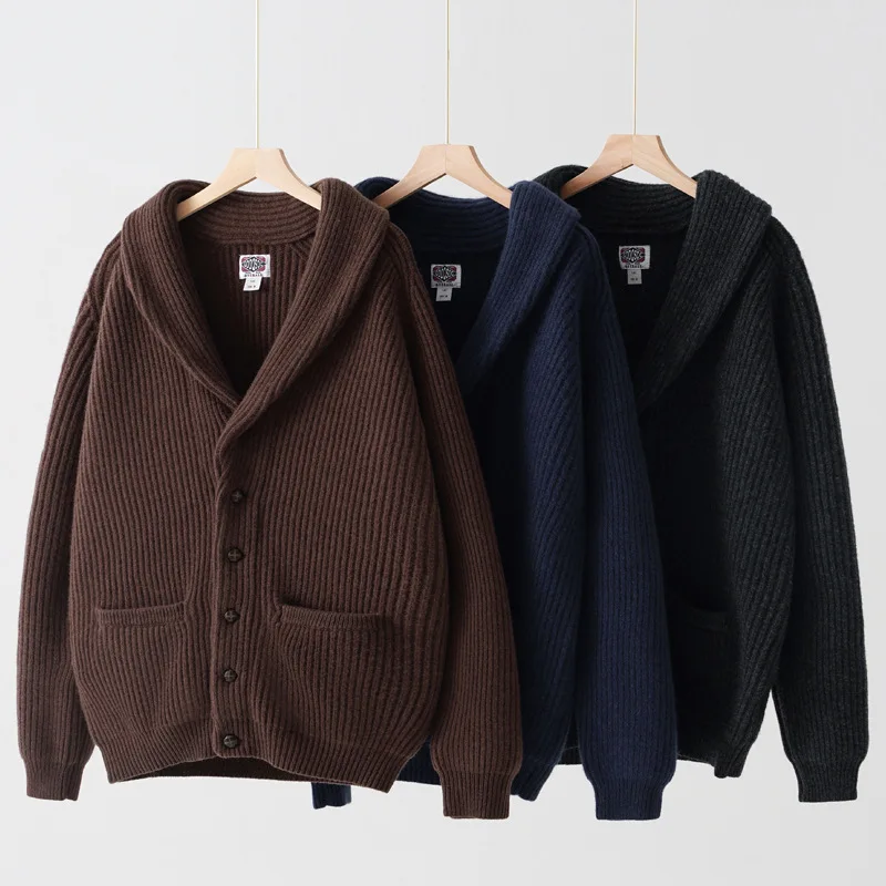 100% Wool Sweater Jacket Men Shawl Collar Cardigan Vintage Knitted Sweatercoat Amekaji Classic British Thick Thermal Winter Coat