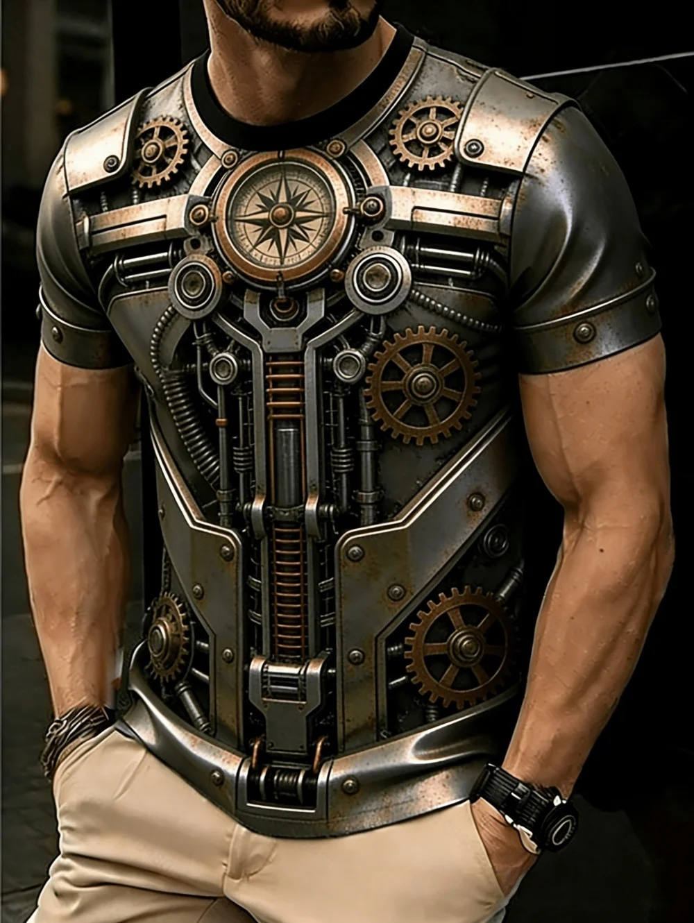 3D-gedrucktes T-Shirt im Metall-Stil für Herren, lässig, Rundhalsausschnitt, Kurzarm, lockere, lustige T-Shirts, Streetwear, Herrenbekleidung – Detail 8