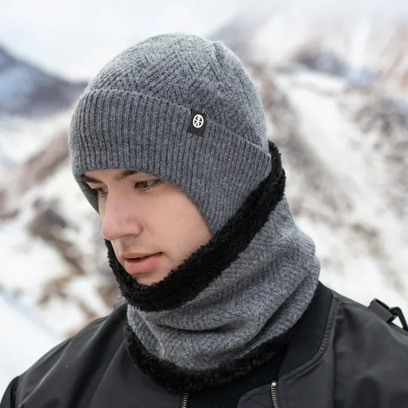 Ensemble de Chapeaux et Écharpes d'Hiver 2 en 1 pour Homme, Mélange de Laine, Protection des Oreilles Chaudes, Motifs Standardisés, Écharpe Snood en Velours avec Rabat