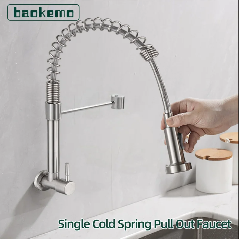 

Baokemo Stainless Steel Wall Mounted Kitchen Faucet Spring Pull Out Single Cold Rotatable Vegetable Basin Sink Faucet